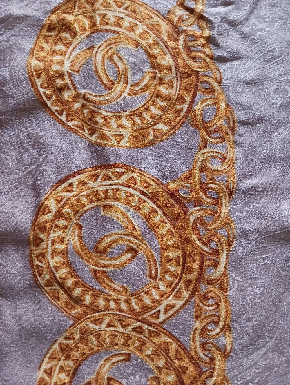 CHANEL Vintage  Beige Scarf with Gold Chain Medallion Motif  34